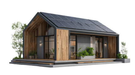 Modern sustainable house design with solar panels and greenery, white isolate background.