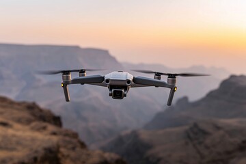 Close drone hovering at sunset, High-tech quadcopter in air, Modern aerial gear with scenic backdrop