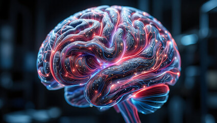 Abstract glowing brain; neural network, AI, technology, futuristic, vibrant, red and blue light, digital art, medical concept.
