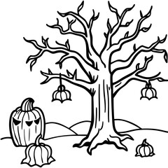 vector illustration of  Halloween an old tree line art coloring page