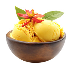 Delicious yellow mango ice cream scoops in a rustic bowl topped with flower petals and leaves isolated on transparent background