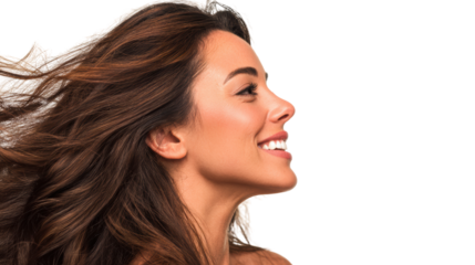 Profile of a smiling woman with flowing hair against a white background.