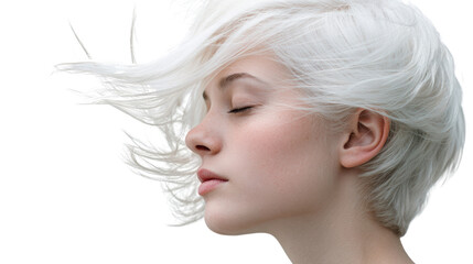 Profile of a woman with white hair flowing in the wind, peaceful expression, against a white background.