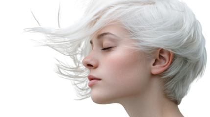Profile of a woman with white hair flowing in the wind, peaceful expression, against a white background.
