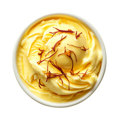 Creamy saffron ice cream dessert topped with delicate saffron threads isolated on transparent background