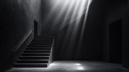 A dimly lit staircase with dramatic light beams illuminating the dark, minimalist space, creating a mysterious and atmospheric ambiance.