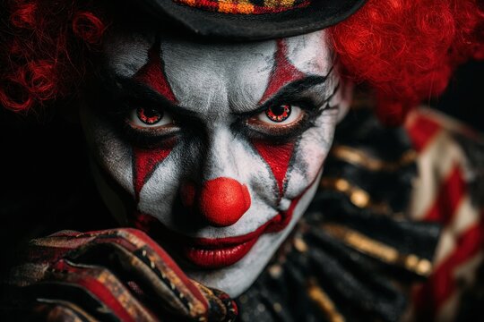 Killer Clown. Scary Clown in Bad Carnival Costume on Dark Background