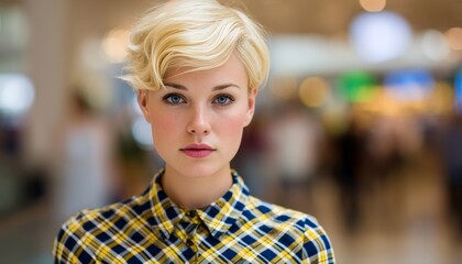 Fototapeta premium Trendy Young Woman with Long Blond Hair in a Stylish Plaid Shirt Posing in a Vibrant Urban Setting
