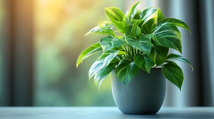 A green plant in a pot with blurred background
