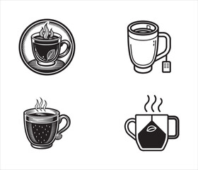 Black and white vector illustration of assorted tea cups and mugs for beverage design and logo elements