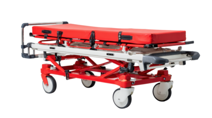 Red emergency stretcher, used for patient transport, isolated on white background.