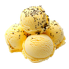 Four scoops of creamy yellow ice cream sprinkled with dark seeds isolated on transparent background
