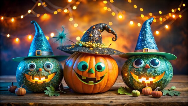 Photo of three cute and sparkling halloween pumpkins wearing witch hats, decorated with glitter and lights