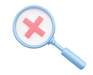 Obraz premium Magnifying wrong not search website warning network error exploration cross connection offline status on isolated background. 3D render illustration Minimal cartoon style