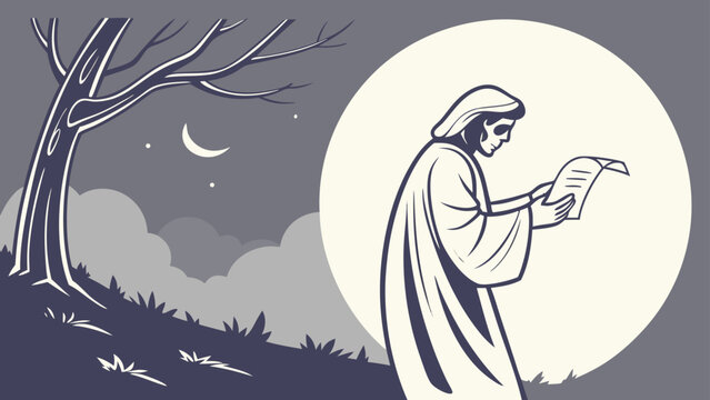 Robed figure reading document under moonlit sky with bare tree and cloudscape in monochrome scene