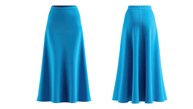 Front and back view of a vibrant blue midi skirt