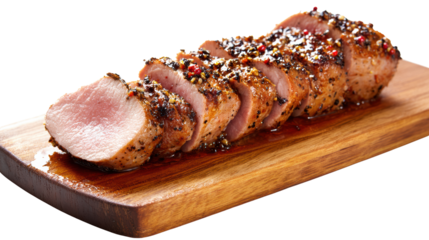 Succulent sliced pork tenderloin with spices on a wooden cutting board.