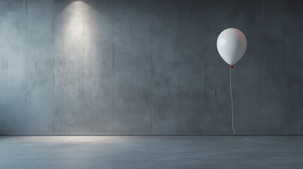 A solitary white balloon floats against a textured gray wall, illuminated by soft lighting, creating a minimalist and contemplative atmosphere.