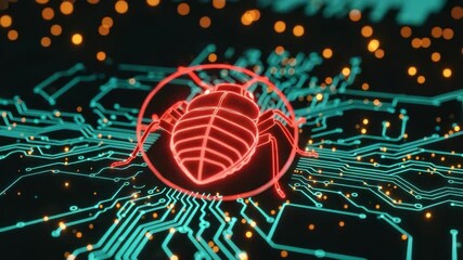 A vibrant digital illustration of a red bug overlaying a blue circuit board symbolizing the intersection of technology and nature with glowing elements in the background