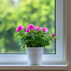 Potted plant on the windowsill, pink flower in a white pot