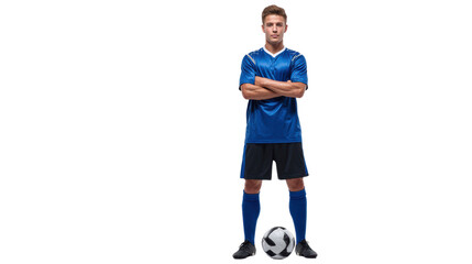 Young soccer player in blue uniform, standing confidently beside a soccer ball on white isolated background.