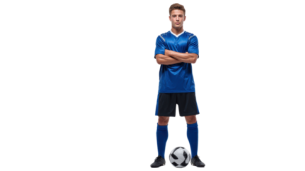 Young soccer player in blue uniform, standing confidently beside a soccer ball on white isolated background.