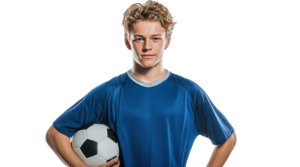 Young soccer player holding a ball, wearing a blue jersey, isolated background.