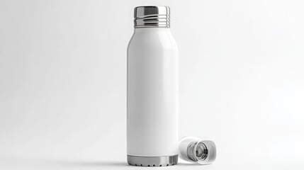 White stainless steel water bottle with silver cap and matching lid