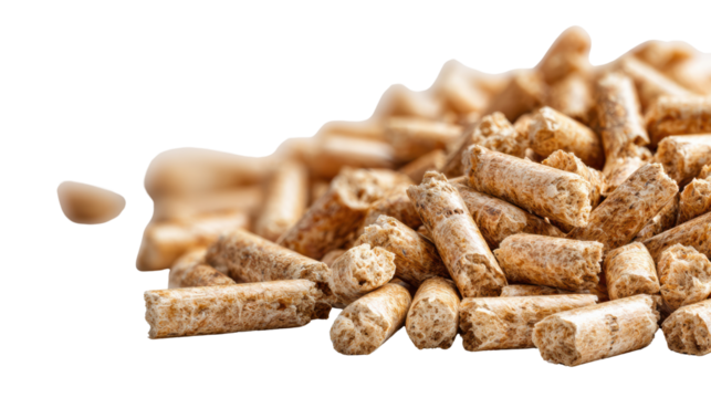 Wood pellets on white isolated background, ideal for fuel or biomass energy usage.