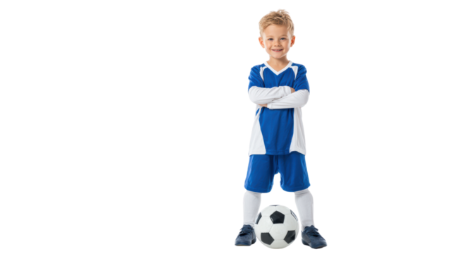 Young soccer player in blue uniform standing confidently with a soccer ball.