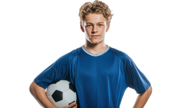 Young soccer player holding a ball, wearing a blue jersey, isolated background.