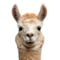 Fototapeta premium A close-up portrait of a cute, fluffy alpaca with soft beige fur and bright eyes against a plain background.