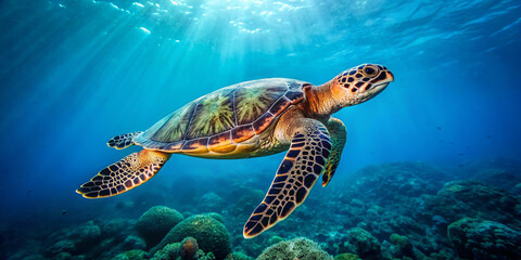 Obraz premium Sea Turtle Underwater Swimming – Marine Life, Ocean Wildlife, Blue Water, Turtle Close-Up, Aquatic Environment Nature