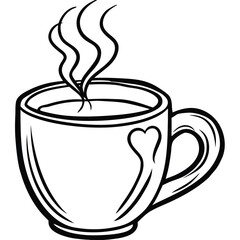 Outline coffee mug with steam and heart shape isolated on white background isolated on transparent background