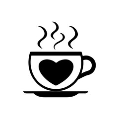 Stylized black silhouette of a steaming coffee cup with a heart design isolated on white background isolated on transparent background