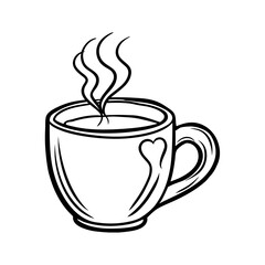 Hand drawn sketch of a steaming coffee cup with a heart design isolated on white background isolated on transparent background