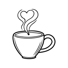 Hand drawn sketch of a steaming coffee cup with heart shaped steam isolated on white background isolated on transparent background
