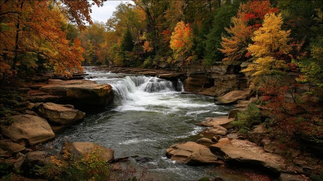 Ohio Fall. Beautiful Berea Waterfall in Autumn with Yellow, Orange, and Red Foliage