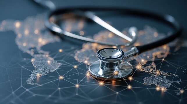 Ultra quality image of stethoscope resting on a digital map representing global healthcare connections and advancements in medical technology.