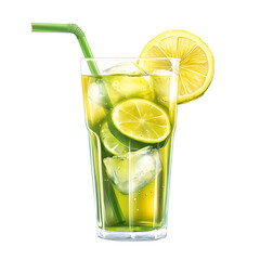 Refreshing iced lime and mint beverage with straw and lime slice isolated on transparent background