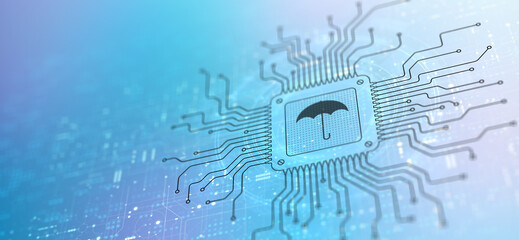 Digital Insurance Protection Icon Displayed on Processor in Futuristic Circuit Environment.