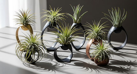Fototapeta premium Air Plants in Minimalist Sculptural Holders on Neutral Background