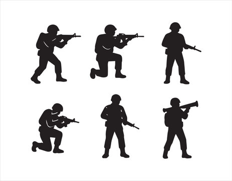 Silhouetted Soldiers in Various Combat Positions with Rifles and Bazooka on White Background Symbolizing Military Forces and Warfare