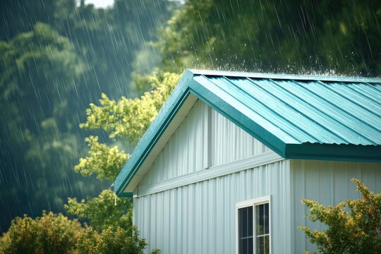 Light-blue metal roofed shed in rain