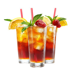 Three tall glasses of iced tea with fruit and straws isolated on transparent background
