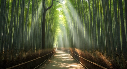 Fototapeta premium Enchanting Bamboo Forest Path with Sunbeams Piercing Through Lush Green Canopies, Evoking Tranquility, Nature, and Serene Asian Landscapes