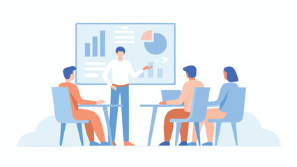 Illustration of a business presentation with a presenter and three attendees at a conference room setting