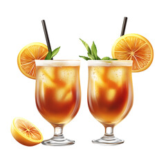 Two refreshing iced cocktails with orange slices and mint leaves isolated on transparent background