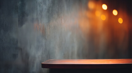 A charcoal gray backdrop, out of focus but richly textured, glows under ambient amber lighting. The air carries a subtle haze, reminiscent of gentle smoke, crafting an atmospheric setting that blends