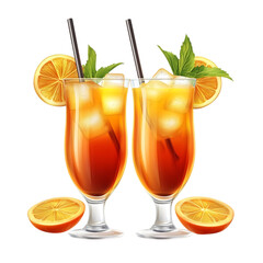 Two refreshing orange and red cocktails with ice and orange slices isolated on transparent background